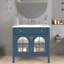 Meuble-lavabo simple 35,6 po avec lavabo et plateau en céramique, meuble-lavabo de style Mid-Century avec verre à motif et bande lumineuse à capteur de mouvement, armoire de rangement pour salle de bain avec tablette, bleu