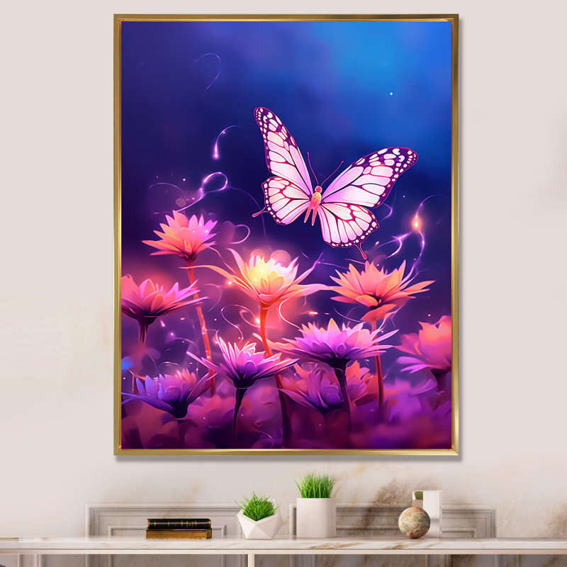 Magnifique coucher de soleil papillon rose I, H 20 po x l 12 po, Cadre flottant doré