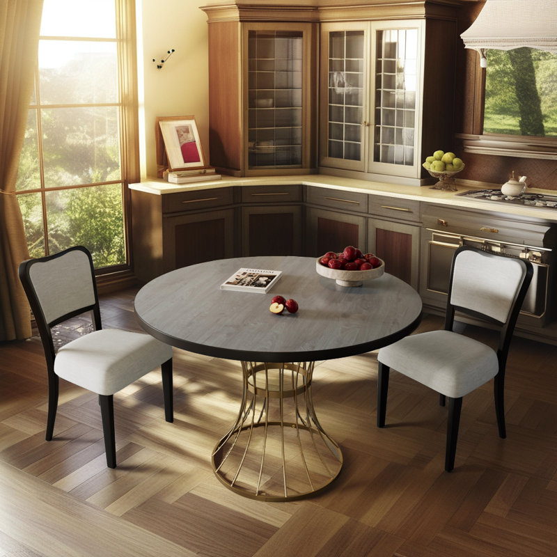 Premium Dining Set - Hardwood Table with Iron Base & Upholstered Chairs (3-Piece), Black, Black/Beige, Gold