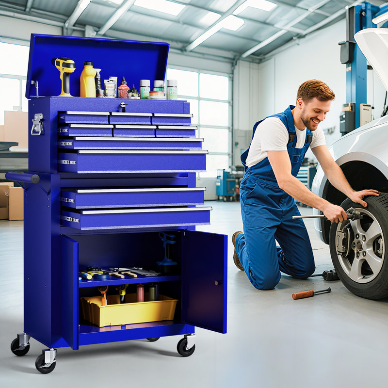 Coffre à outils roulant 10 tiroirs, boîte à outils verrouillable 2 en 1 avec tiroirs, range-outils mécanique de grande capacité, tablette réglable et armoire supérieure amovible pour garage d'atelier