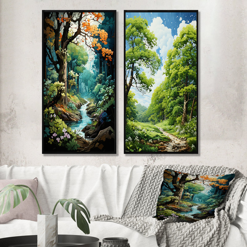 «Green Tree Oak Enchantment» - Ensemble de 2 impressions sur toile de chêne vert, Cadre flottant noir, H 28 po x l 25 po