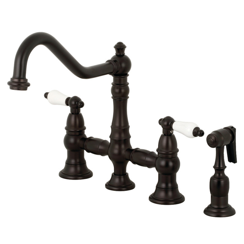 Kingston Brass Restoration Two-Handle 4-Hole Deck Mount Bridge Kitchen Faucet with Brass Side Sprayer, Oil Rubbed Bronze