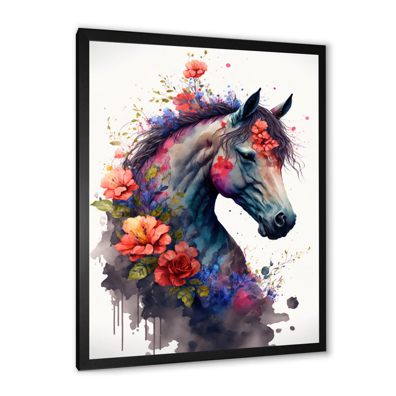 «Cute Horse Floral Art I», reproduction d'art sur toile, Impression noire sur toile encadrée, H 32 po x l 24 po x P 1 po