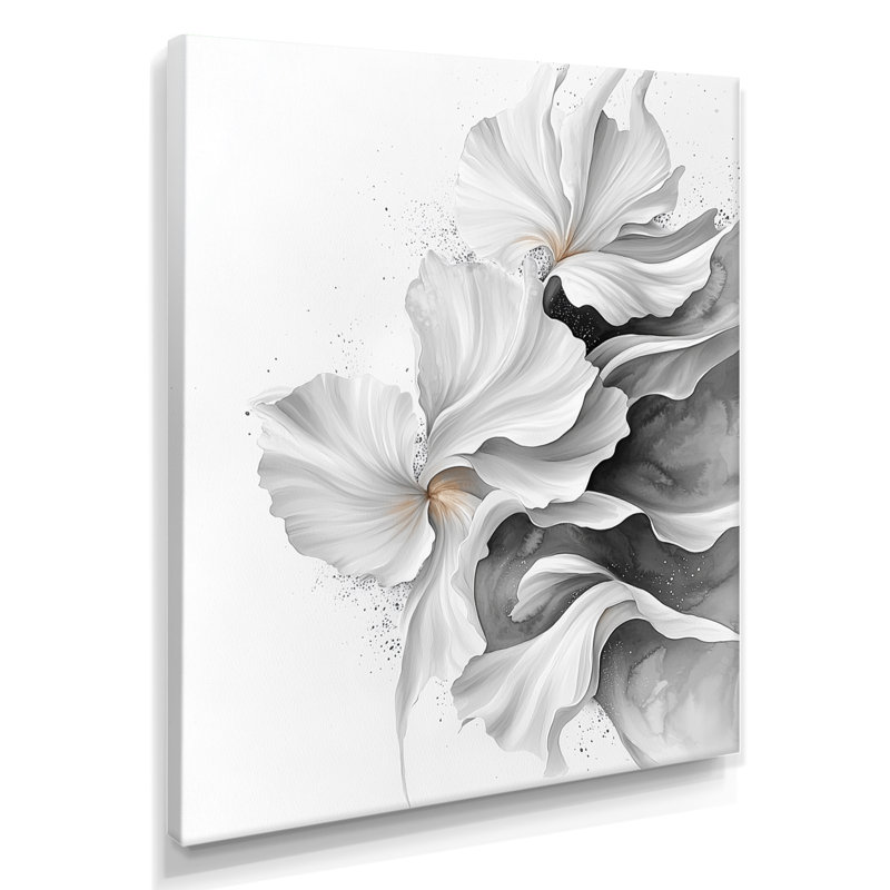 Velours blanc, gris, noir, fleurs abstraites - Fleurs, art mural, H 44 po x l 34 po, Toile tendue, Ne s’applique pas