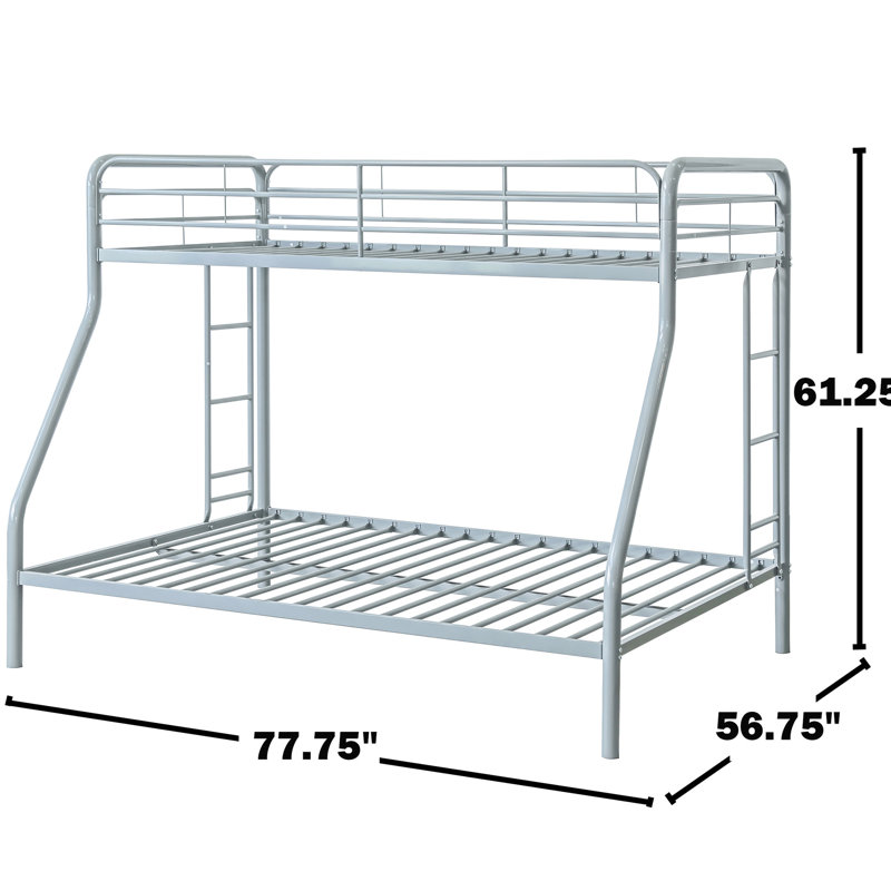 Lit superposé simple au-dessus d'un lit double en métal, argent brillant, échelles intégrées, support à lattes en métal, barrières de sécurité pour lit de repos argenté, fonction de plateau vertical