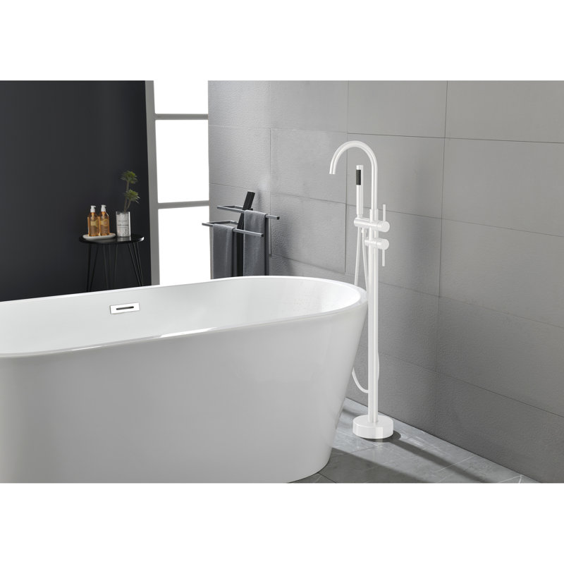 Floor Mounted Bathtub Faucet Freestanding Tub Filler, High Flow Shower Taps With Rotatable Spout And Cylinder Handheld - Stainless Steel Mount Standing Faucets Variable Swivel