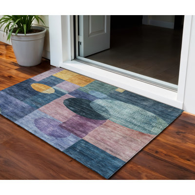 Tapis intérieur / extérieur 3 pi x 5 pi bleu à motif géométrique lavable