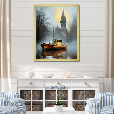 «Gray Church and Harbour Boat Sunset» - art mural coucher de soleil côtier