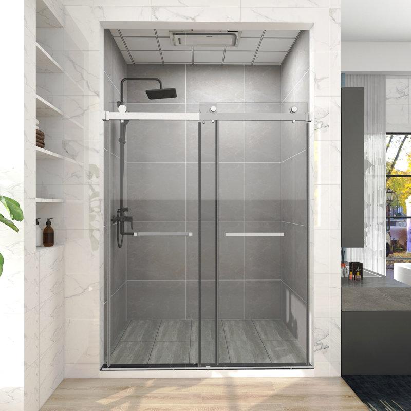 48 In. W X 76 In. H Freestanding Double Sliding Frameless Shower Enclosure In Brushed Nickel Finish, Brushed Nickel
