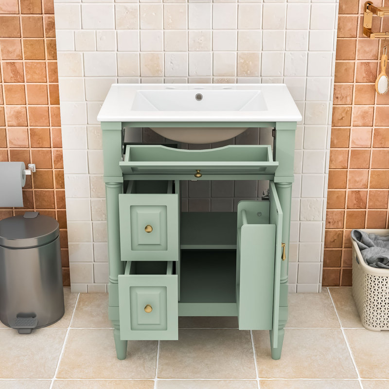 Meuble-lavabo autoportant avec lavabo, tablette réglable, tiroirs et armoire de rangement, Vert, 24"
