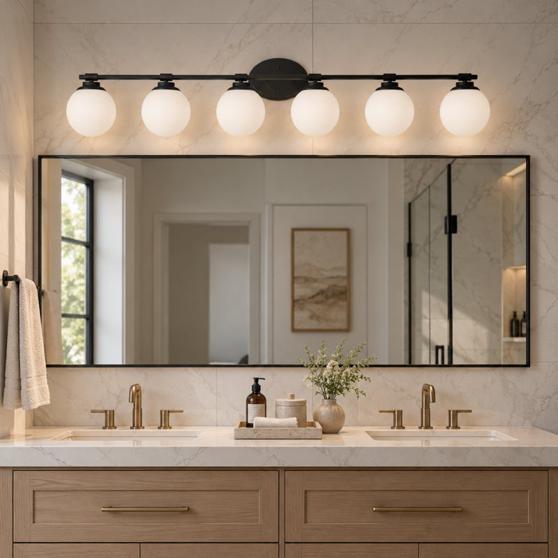Modern 6-light Matte black vanity light, Opal White Glass