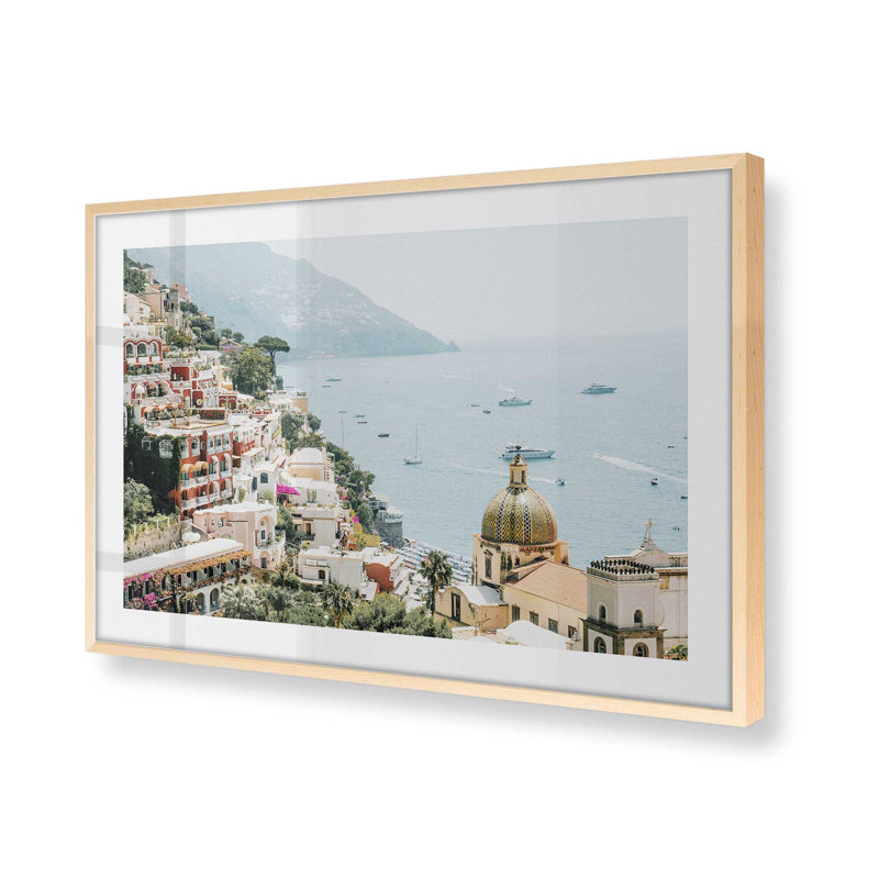 Imprimé littoral Positano, H 17 po x l 21 po x P 1,25 po, Érable brut encadré