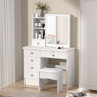 Bureau de coiffeuse avec miroir coulissant, coiffeuse de maquillage avec 6 tiroirs et tablettes de rangement, coiffeuse moderne pour la chambre à coucher, blanc