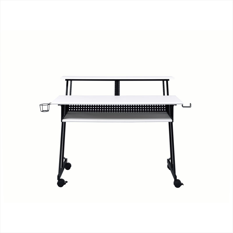 Bureau pour studio d'enregistrement musical 47 po avec plateau à clavier coulissant, finition blanc noir profond, structure en métal