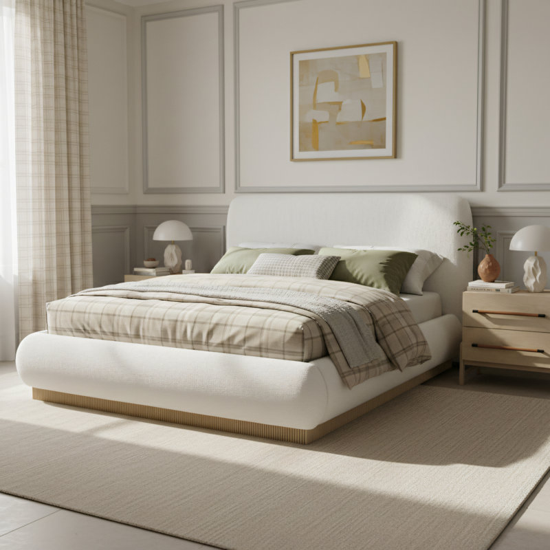 Rigby Upholstered Platform Bed, Cream Linen Textured Fabric, Queen