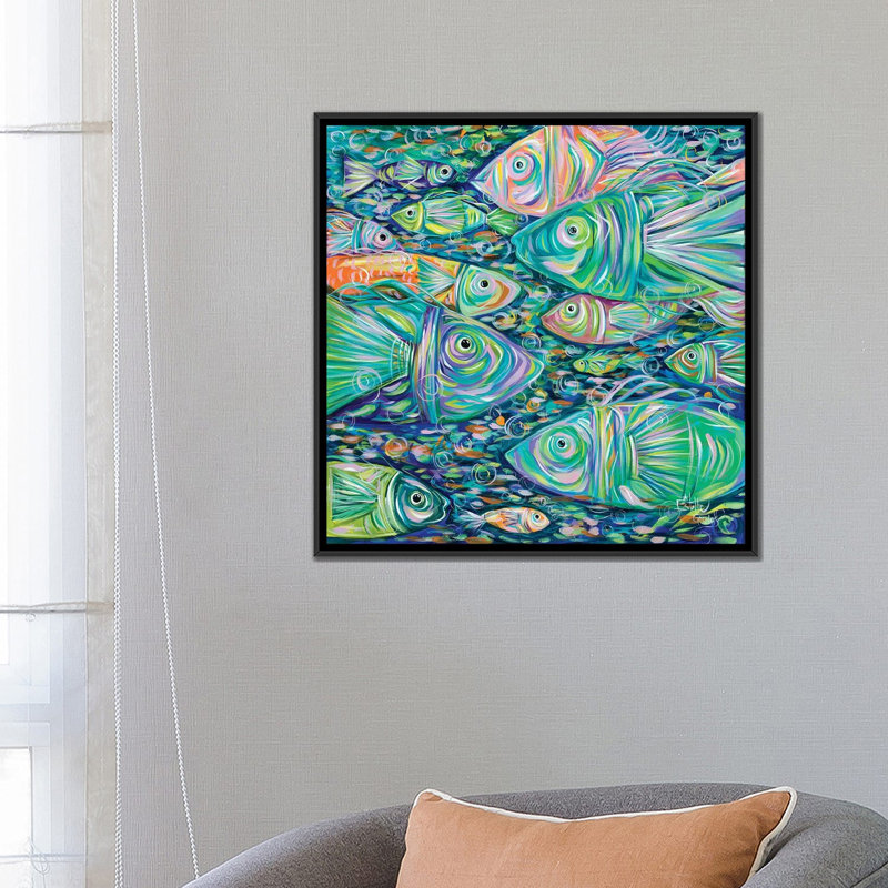 " School Of Fish " by Estelle Grengs, No Mat, Black Framed Canvas, 26'' H x 26'' W x 1.5'' D
