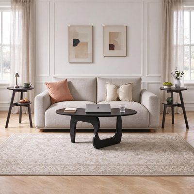 Table de bout 2 pièces Mid-Century en bois d'hévéa massif avec tablette de rangement à 2 niveaux