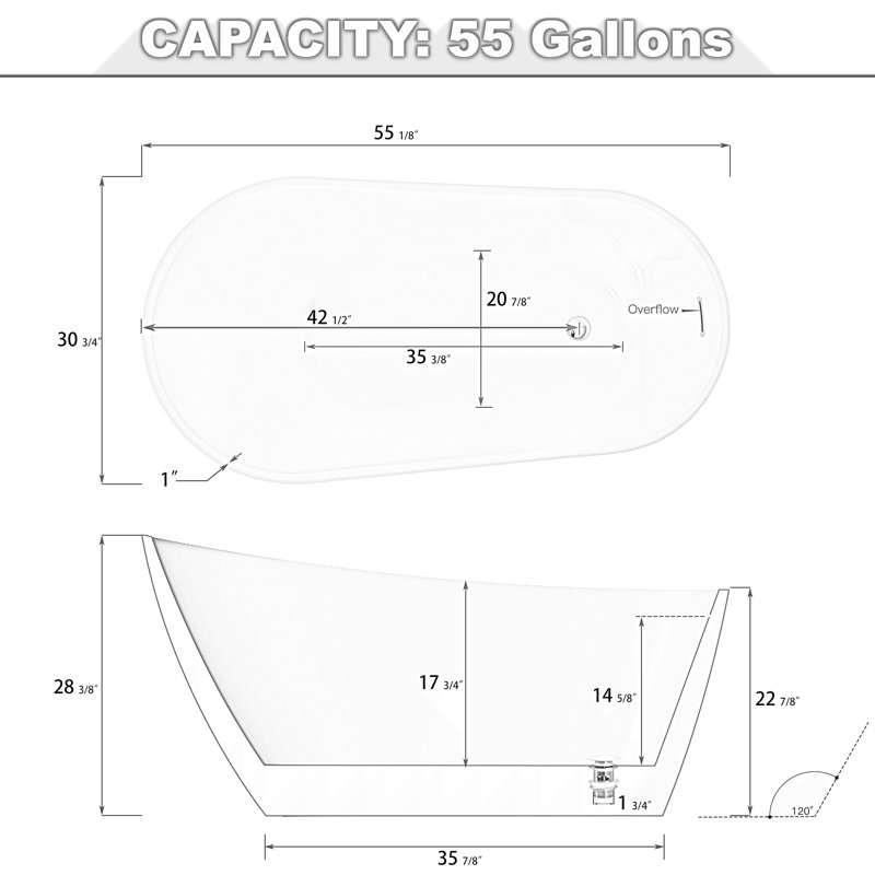 55'' x 30.75'' Freestanding Soaking Acrylic Bathtub