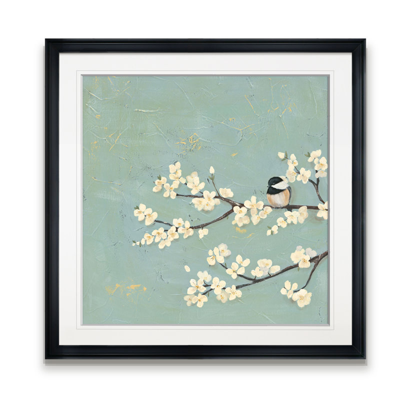 « chickadee & dogwood i », peinture, H 24 po x l 24 po x P 1,5 po, Cadre noir