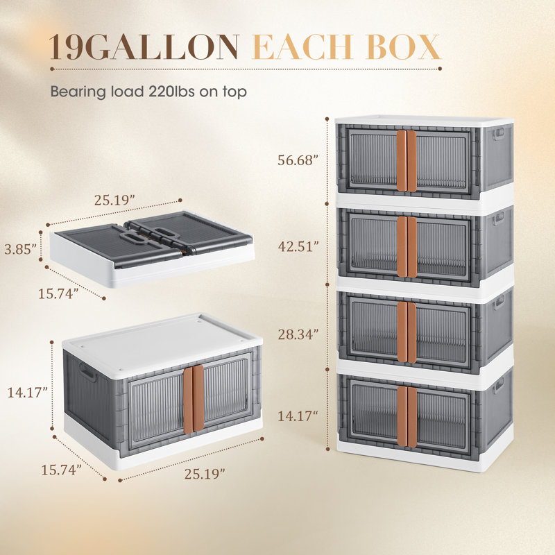 4 Pack Plastic Collapsible Storage Bins with Door and Wheels, Stackable Organizer with Lid and Handle, 80