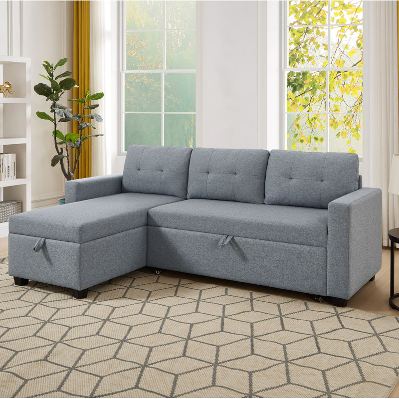 Upholstered Pull Out Sectional Sofa With Storage Chaise, Convertible Corner Couch, Light Gray Linen