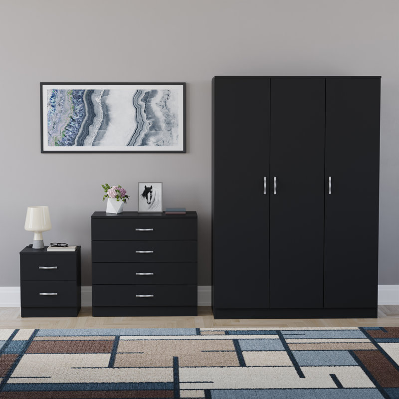 Maybery 3 Piece Bedroom Set (2 Drawer Bedside Chest, 4 Drawer Chest, 3 Door Wardrobe), (5), Black