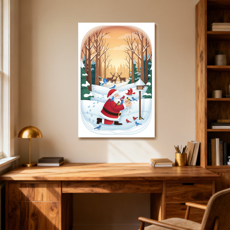 Noël père Noël nourrissant des oiseaux dans la forêt d'hiver, H 30 po x l 20 po