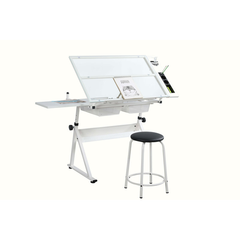 Kynnlie Adjustable Glass Top Metal Base Drafting Table, White