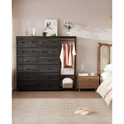 Tall Dresser for Bedroom with 16 Drawers, Clothes Rack and Storage Shelves, Bedroom Storage Dresser for Clothes Organization