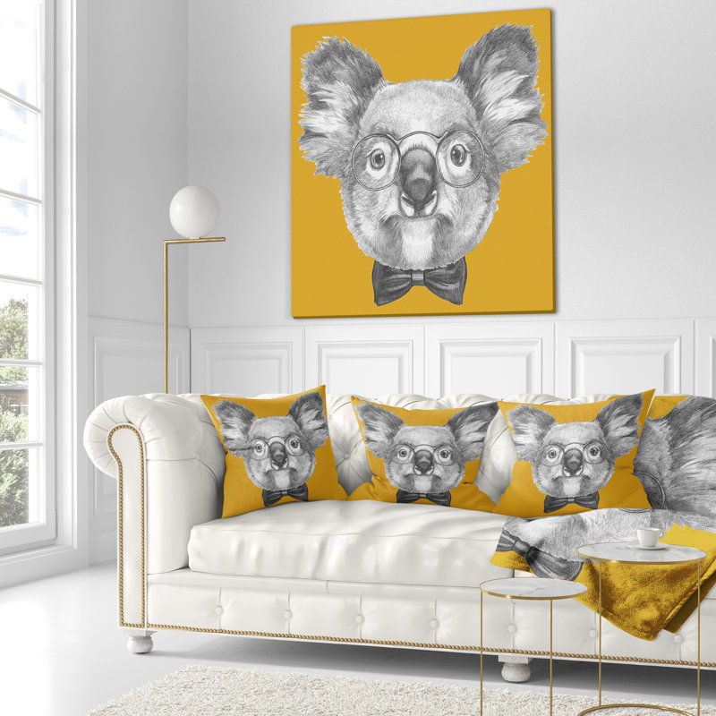 Koala avec lunettes et nœud papillon - Coussin imprimé animal, 16 po x 1 po, Coussin décoratif