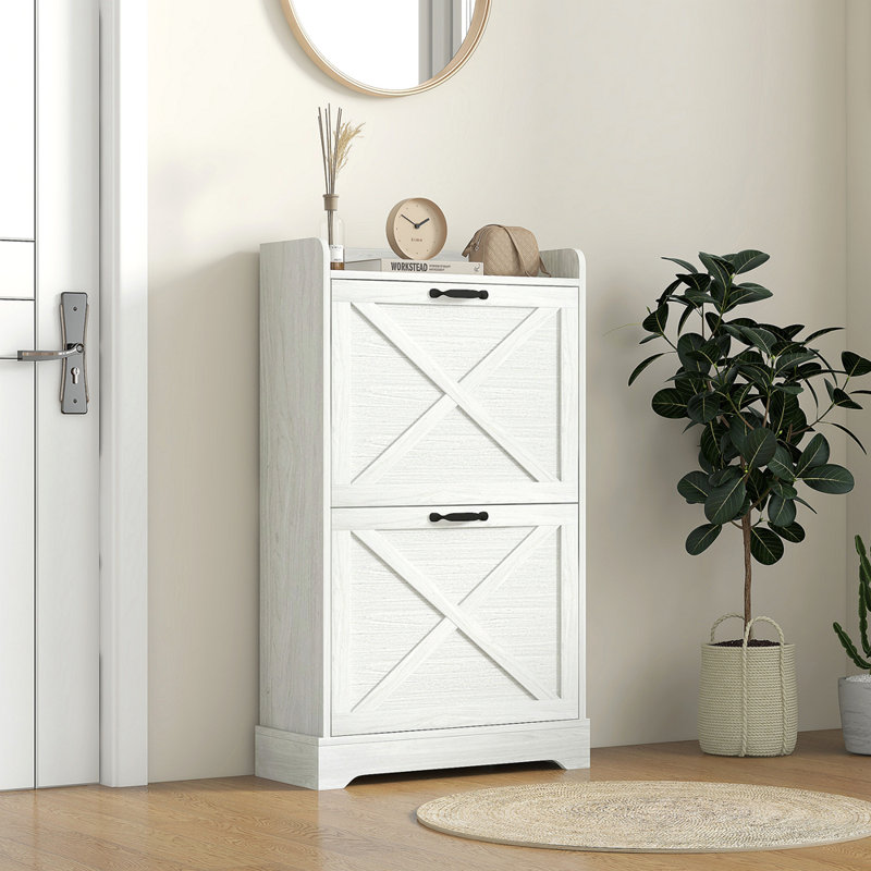 Slim Shoe Cabinet For Entryway, Farmhouse Hidden Shoe Storage Cabinet With 2 Flip Drawers And Adjustable Shelves For 8 Pairs Of Shoes, Distressed
