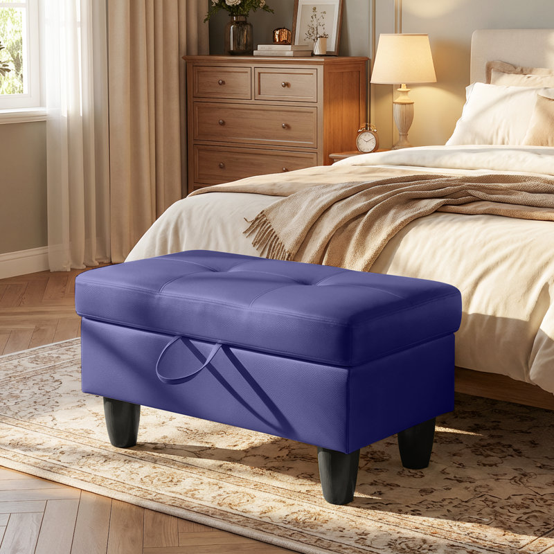 Rectangular Storage Ottoman Bench With Hinged Lid, Faux Leather Footrest For Living Room, Bedroom, Entryway, Blue, 28.5"X19"X17.5"
