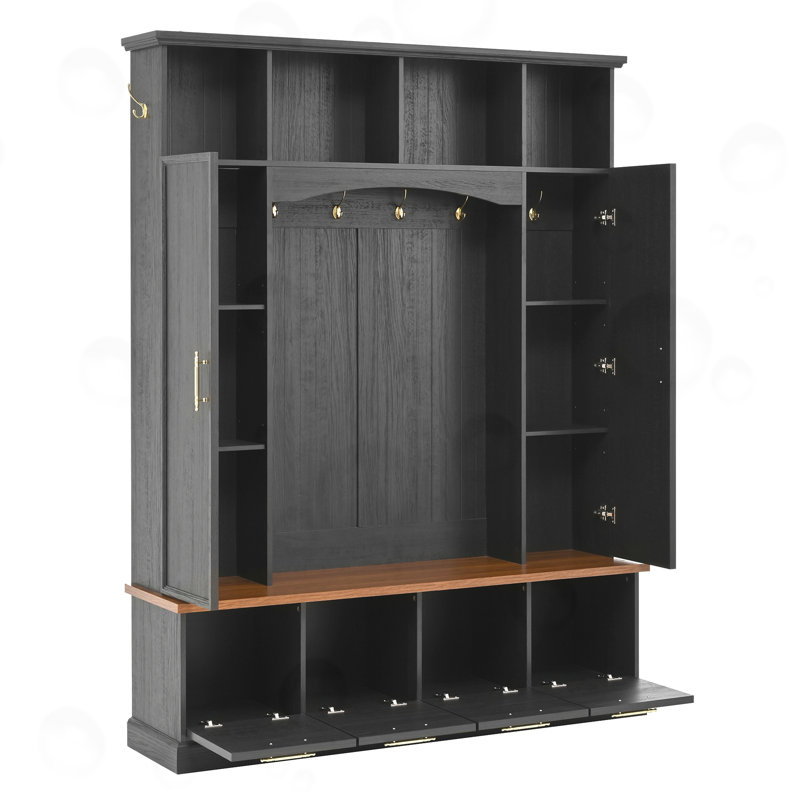 Hall Tree With Hooks And Adjustable Shelves, Black
