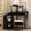 Meuble-lavabo de coin avec station de charge, plateau de table en verre, armoire amovible et rangement pour tabouret de maquillage noir, coussin de table