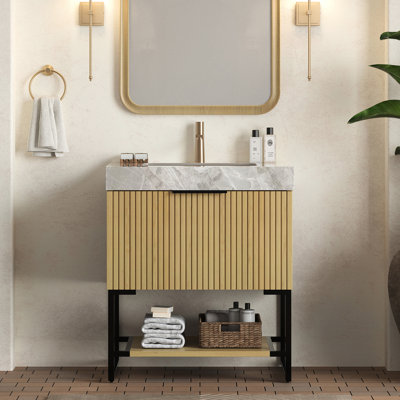 - Meuble-lavabo autoportant de style 30 po, comptoir en pierre frittée grise, lavabo en céramique, armoire en chêne, meuble-lavabo pré-assemblé avec tiroir et tablette, comptoir, lavabo encastré, armoire en contreplaqué de couleur