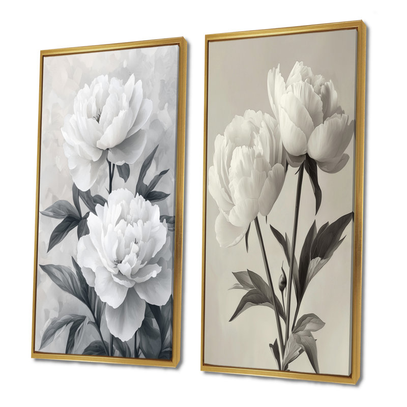 Pivoines monochromes à flou artistique - Collection de 2 panneaux muraux floraux, Cadre flottant doré, H 40 po x l 41 po