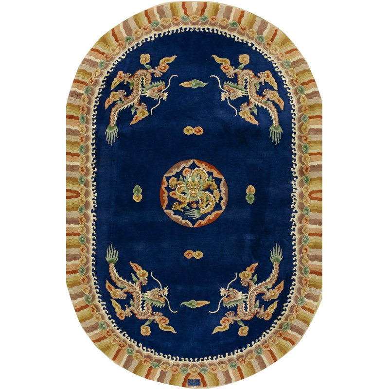 Vintage Art Deco Hallway Runner Wool Beige, Blue Navy Rug