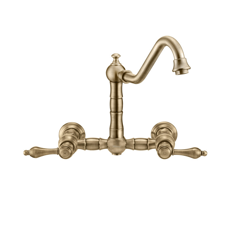 Whitehaus Wall Mount Faucet with Long Traditional Swivel Spout and Solid Brass Side Spray, Antique Brass, Cross