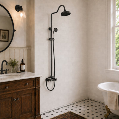 Height Adjustable Brass Wall Mounted Rain Shower System with Handheld Shower