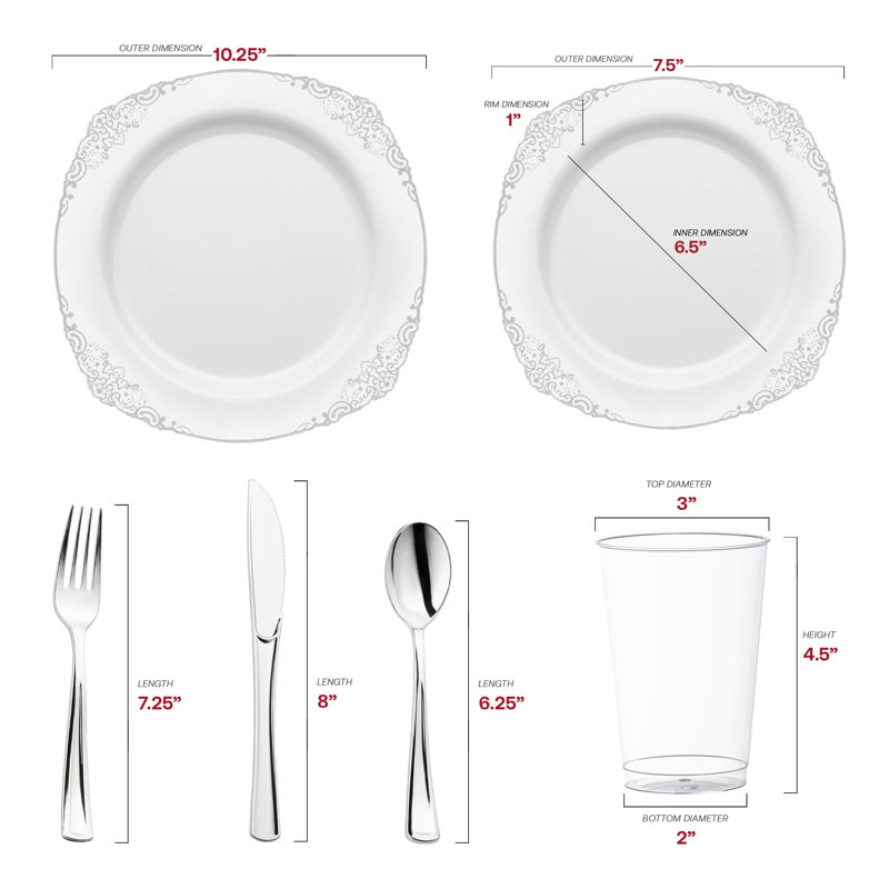 White with Silver Fancy Round Disposable Plastic Wedding Value Set - 120 Settings