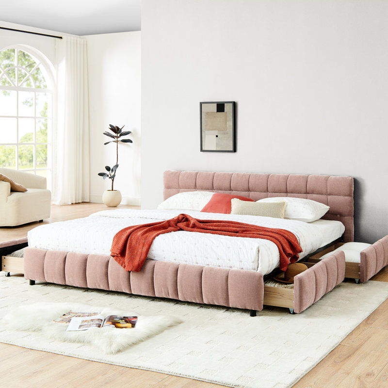 Très grand lit tapissier rose avec rangement et commodité - tiroir moderne pour une pièce bien rangée, Rose