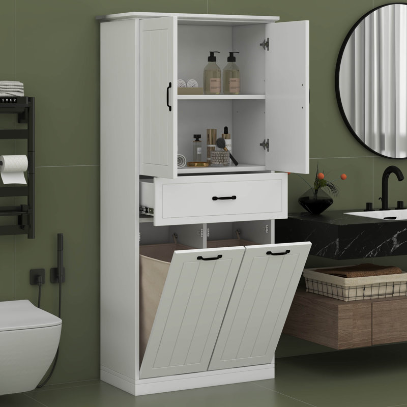 Armoire de rangement haute pour salle de bain avec 2 paniers à linge, armoire de salle de bain en bois avec portes et tiroir, tablettes réglables