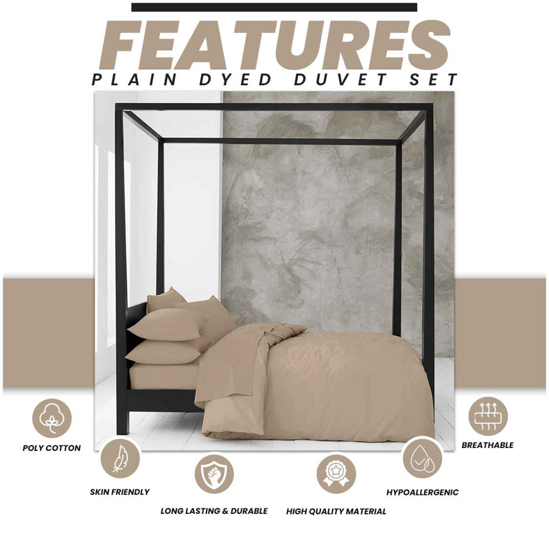Cotton Blend Plain Dyed Duvet Cover Set with Pillowcases | Premium Polycotton Bedding for Comfort & Style, Natural