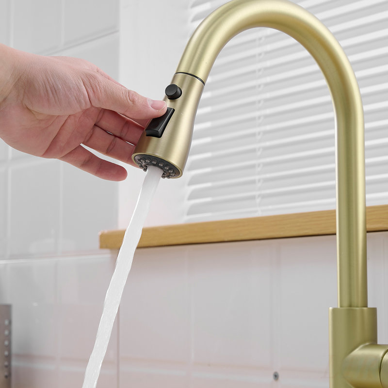 Nickel Gold Kitchen Sink Faucet with Pull Out Sprayer and Deck Plate, Single Handle for Modern and Efficient Cleaning