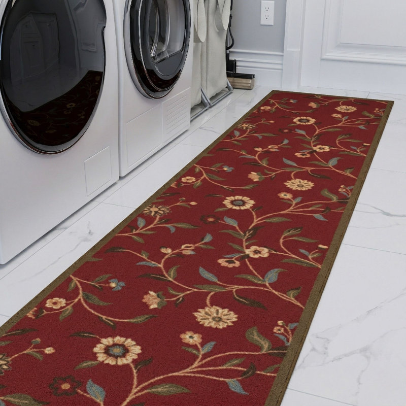 Homeline Non-Slip Rubberback Floral Leaves Indoor Runner Rug, Dark Red, Runner 1'11'' x 11' , Dark Red