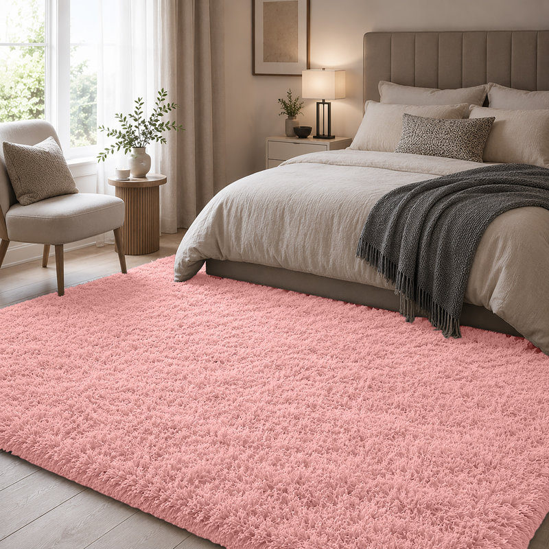 Luxury Plush Shaggy Area Rug & Runner, Soft Deep-Pile Non-Slip Living Room Carpet, Pink, Rectangle 50 x 80 cm
