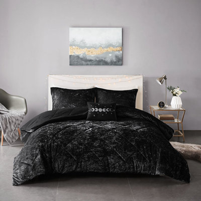 Édredon luxueux en velours noir pour lit double / grand lit, coussin lavable à la machine, noir, avec