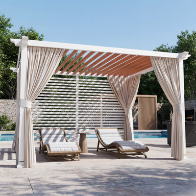Palisade 10‘ X 12' Steel Frame Outdoor Patio Pegola With Slats Roof,Privacy Panel Screen Wall And Curtains For Backyard Garden And Deck Party