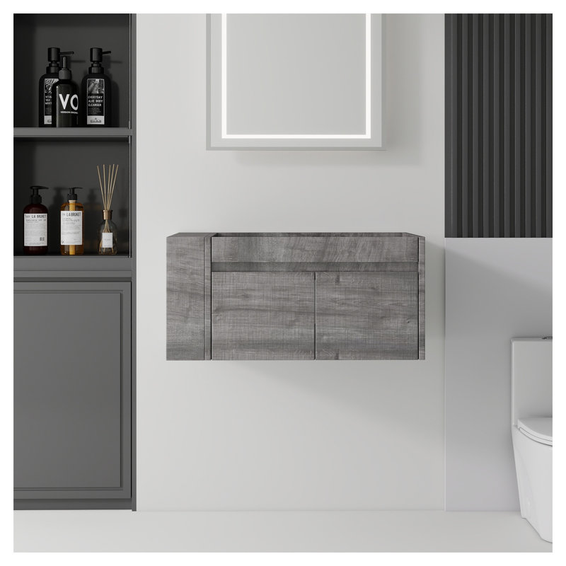Meuble-lavabo mural flottant 36 po gris avec tiroirs à fermeture en douceur et rangement latéral ouvert
