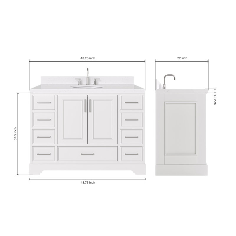 Ensemble de meuble-lavabo simple 48,25 po avec plateau en quartz Abshire, Blanc
